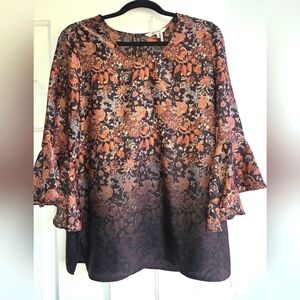 Zozo Chic Floral Bell Sleeve Blouse - Black and Orange